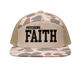 "Fetching Faith" 7 Panel Trucker Hat - Harvest Duck Sandstone Camo