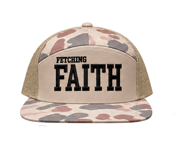 "Fetching Faith" 7 Panel Trucker Hat - Harvest Duck Sandstone Camo