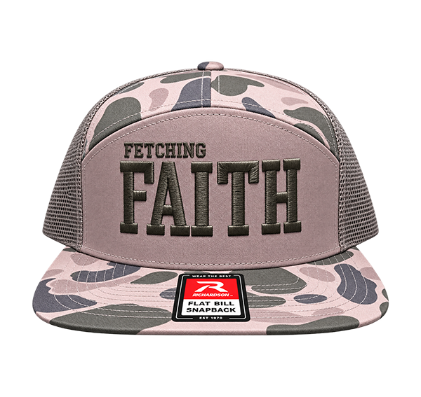 "Fetching Faith" 7 Panel Trucker Hat - Marsh Duck Camo