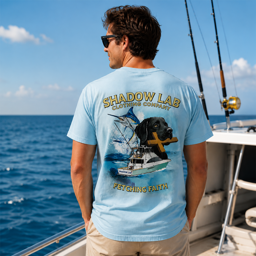 Black Lab and Marlin "Fetching Faith" Short Sleeve Tee - Light Blue