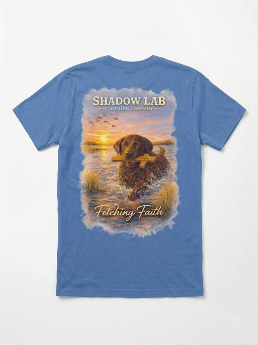 Chocolate Lab Making Splashes "Fetching Faith" Short Sleeve Tee - Flo Blue