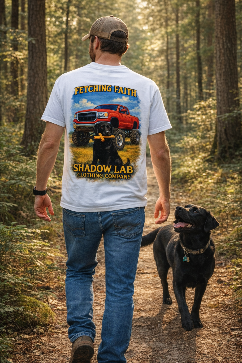 Lifted Red Truck and Lab Short Sleeve Tee - White