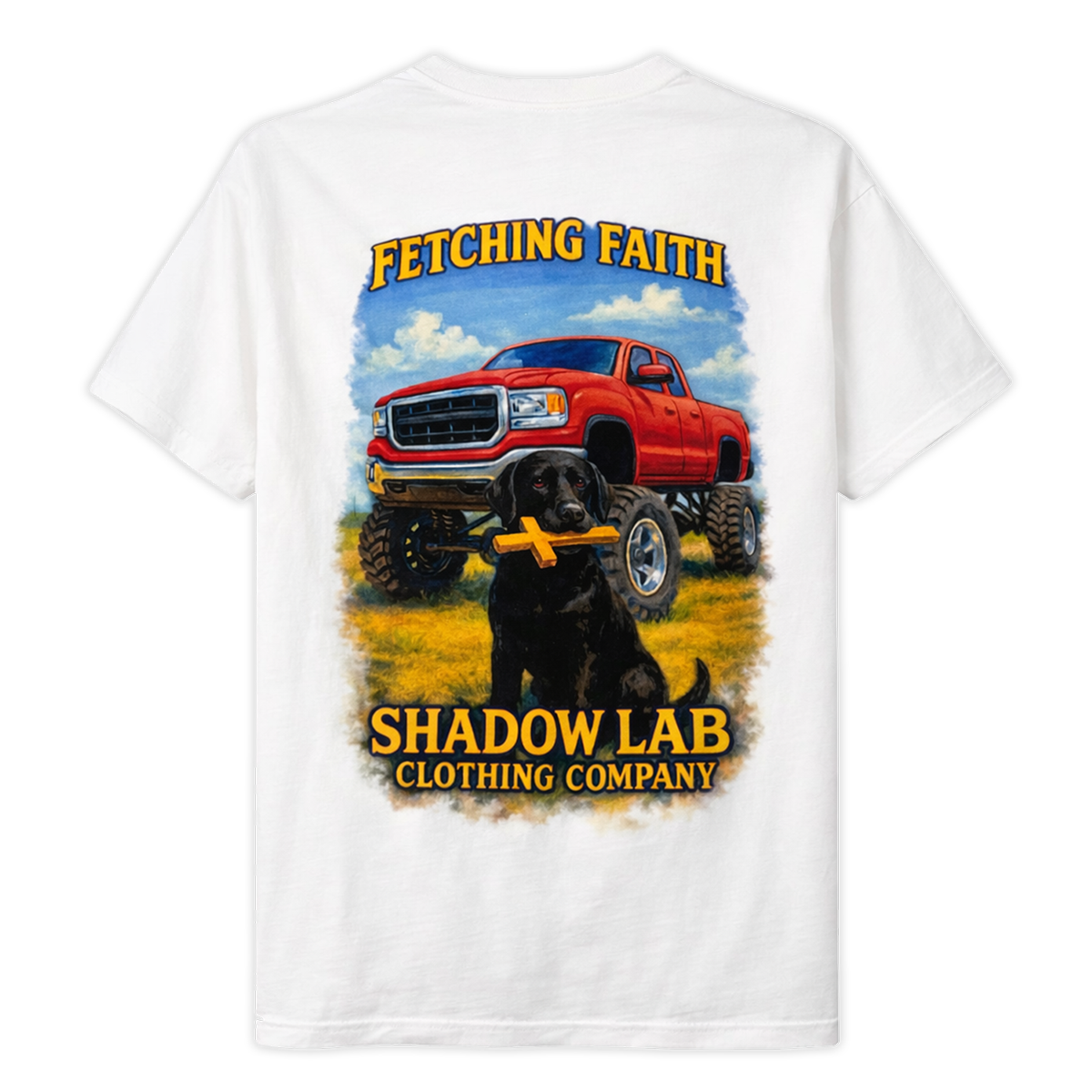 Lifted Red Truck and Lab Short Sleeve Tee - White